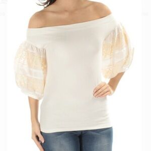 Elegant Cream Women's Top with Embroidered Sleeves